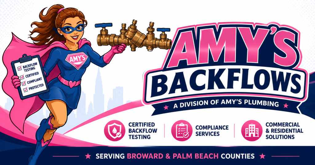 Comic-style banner for Amy’s Backflows featuring a female superhero mascot holding a backflow prevention assembly and inspection clipboard beside the Amy’s Backflows logo. The image promotes certified backflow testing, compliance services, and commercial and residential solutions serving Broward and Palm Beach Counties.