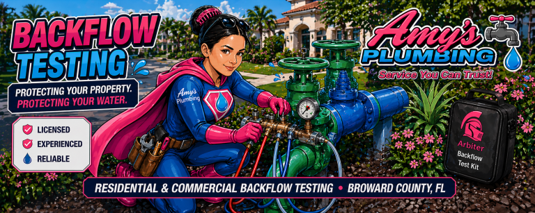 PlumberGirl certified backflow tester working on a backflow preventer assembly in South Florida - Amy's Backflows