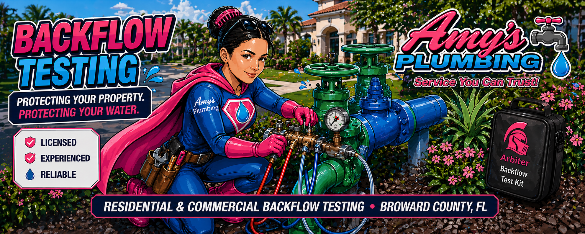 PlumberGirl certified backflow tester working on a backflow preventer assembly in South Florida - Amy's Backflows